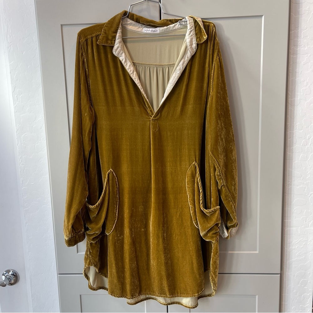Free People X CP Shades Gold Velvet Longsleeve Tunic Poclet Mini Dress Silk